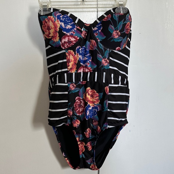 ModCloth Black and White Striped and Floral Print One Piece Bathing Suit Size L - Picture 2 of 6